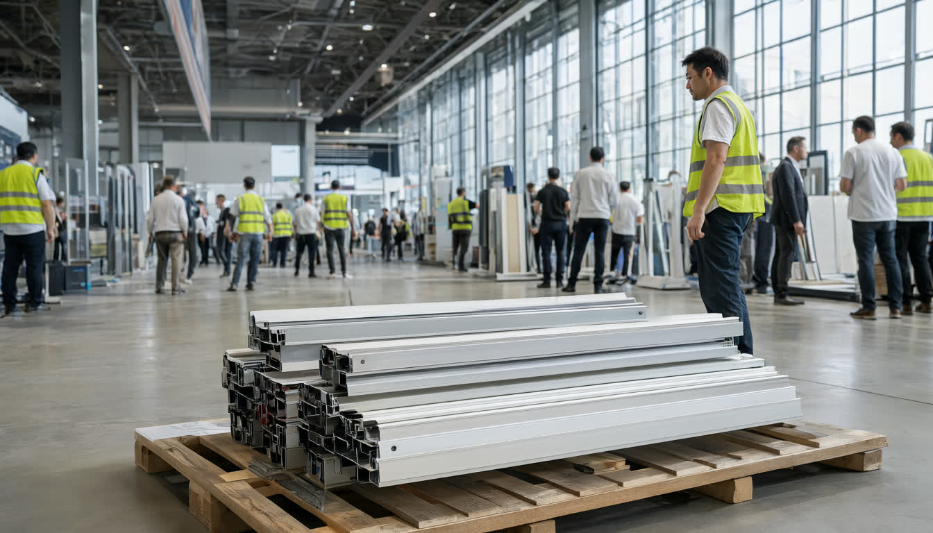 Алюминиевые оконные профили на деревянном паллете в выставочном зале Fenestration BAU China 2026 с посетителями в жилетах