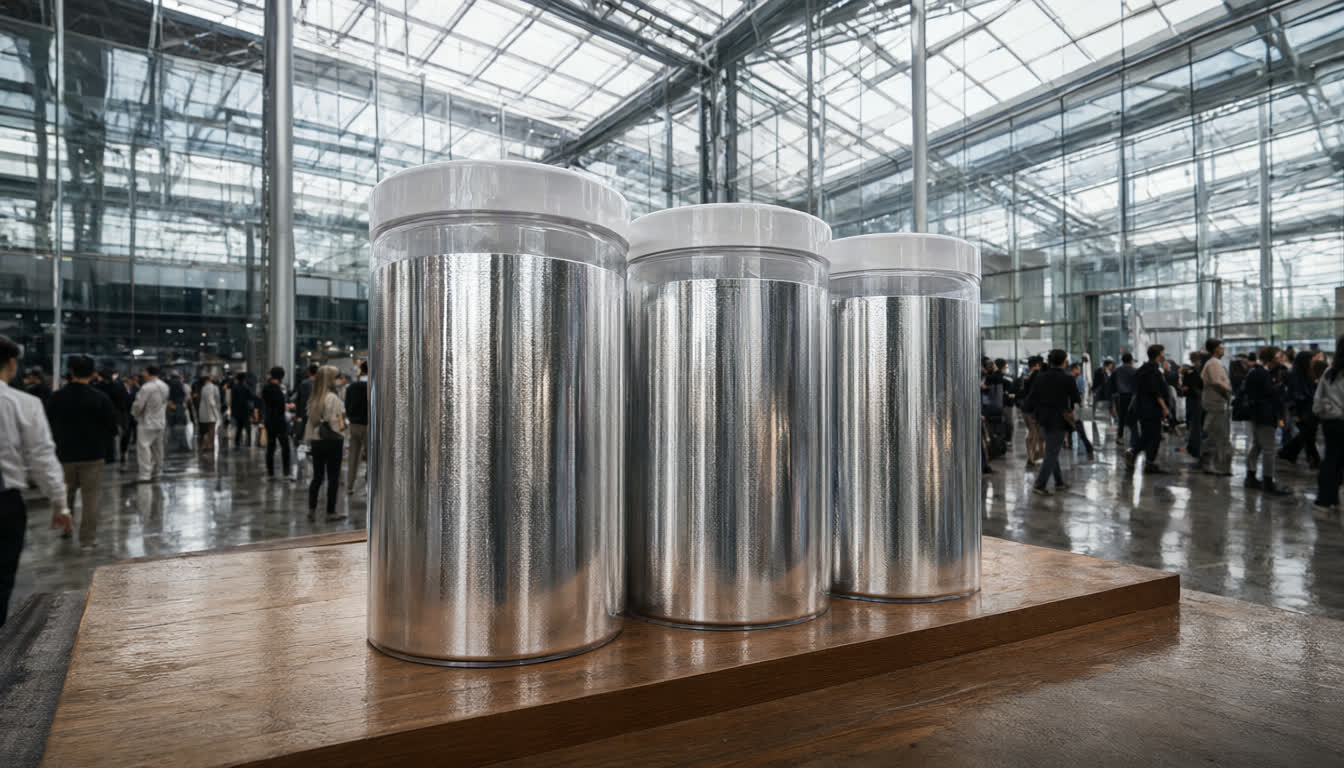 Образцы упаковки interpack China 2026: глянцевые прозрачные пластиковые банки на деревянном подносе в выставочном павильоне