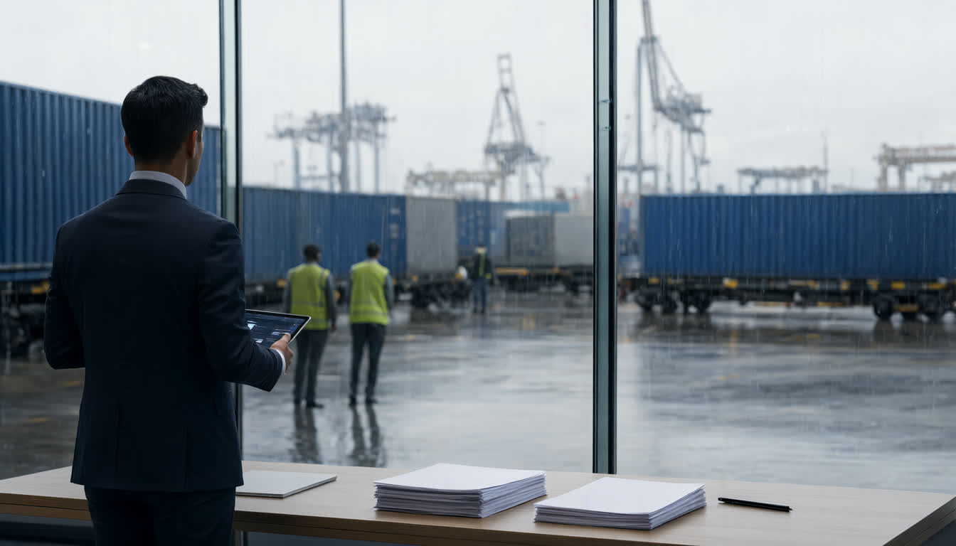 мужчина в костюме со спины у окна терминала изучает планшет и бланки документов для декларации товаров