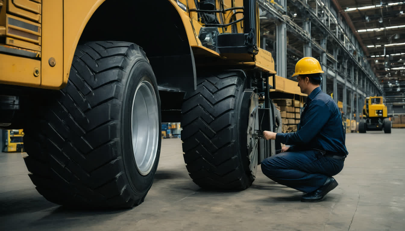 Гигантская чёрная карьерная шина OTR с глубокими протекторами, которую проверяют два инспектора в касках с техническими документами в современном таможенном терминале