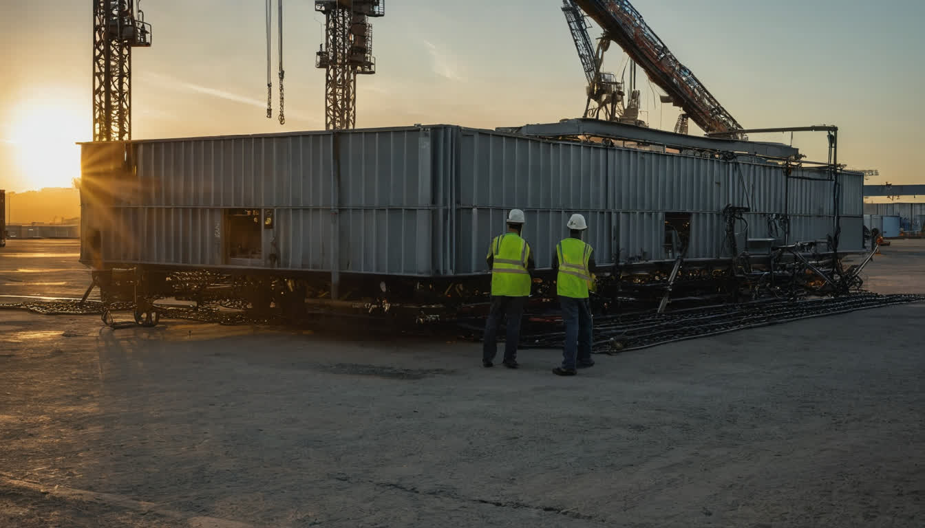 Рабочие в касках у контейнера Flat Rack на площадке, перевозка негабарита из Китая